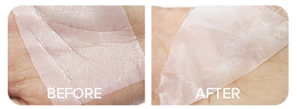 before and after image for magical adhesion of dried bio cellulose mask