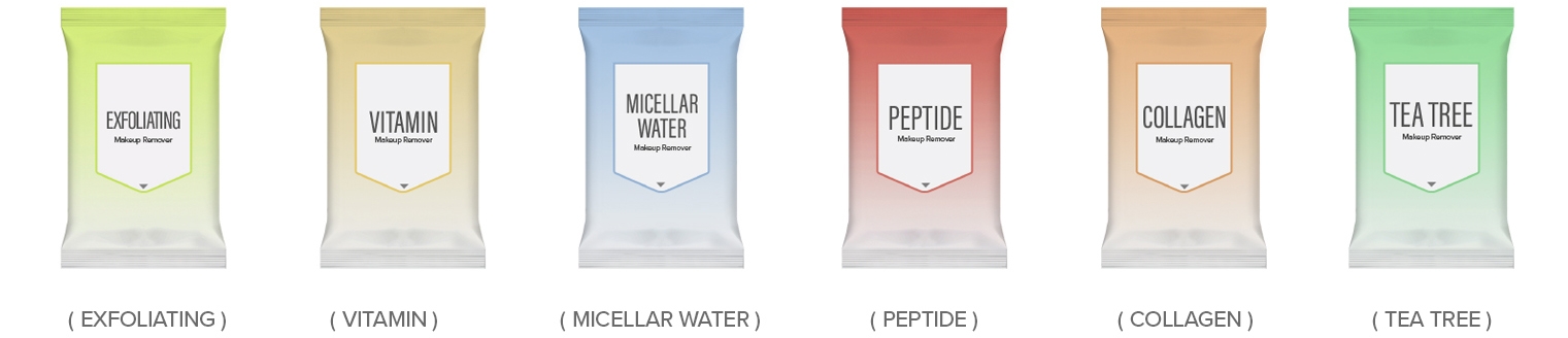 6 types of formulation for cleansing wipes: exfoliating, vitamin, micellar water, peptide, collagen, teatree