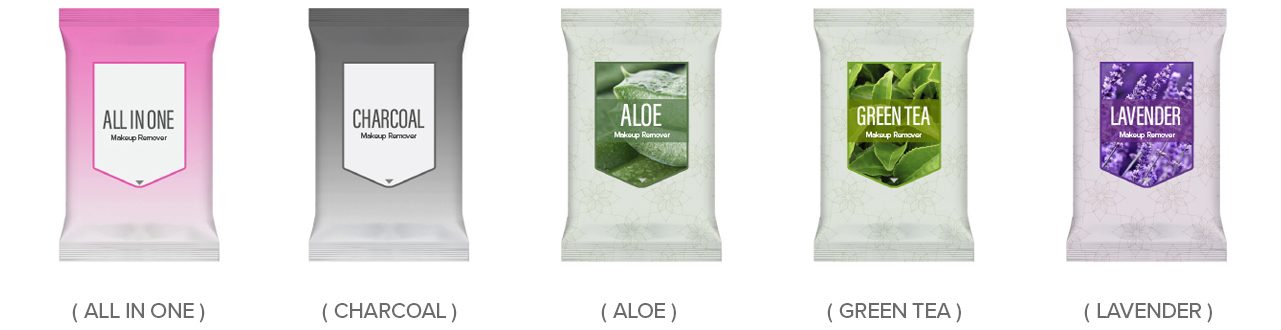 5 types of formulation for cleansing wipes: All-in-one, charcoal, aloe, green tea, lavender