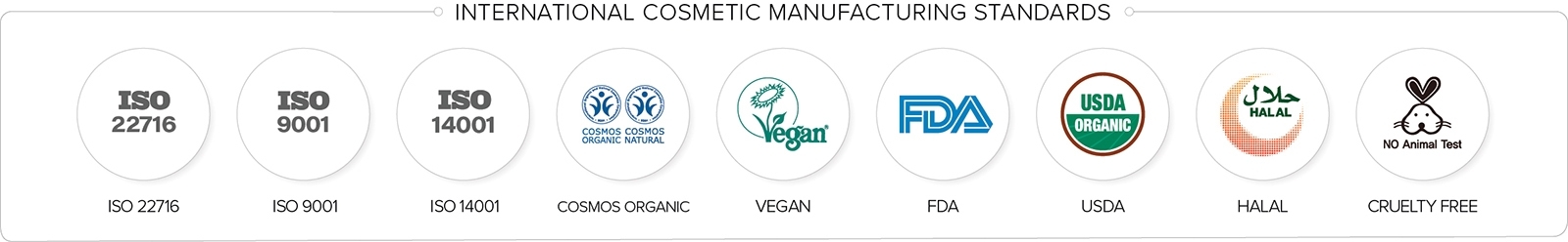 Manufacturing standards such as ISO22716, ISO9001, ISO14001, COSMOS ORGANIC, VEGAN, FDA, USDA, HALAL, CRUELTY FREE